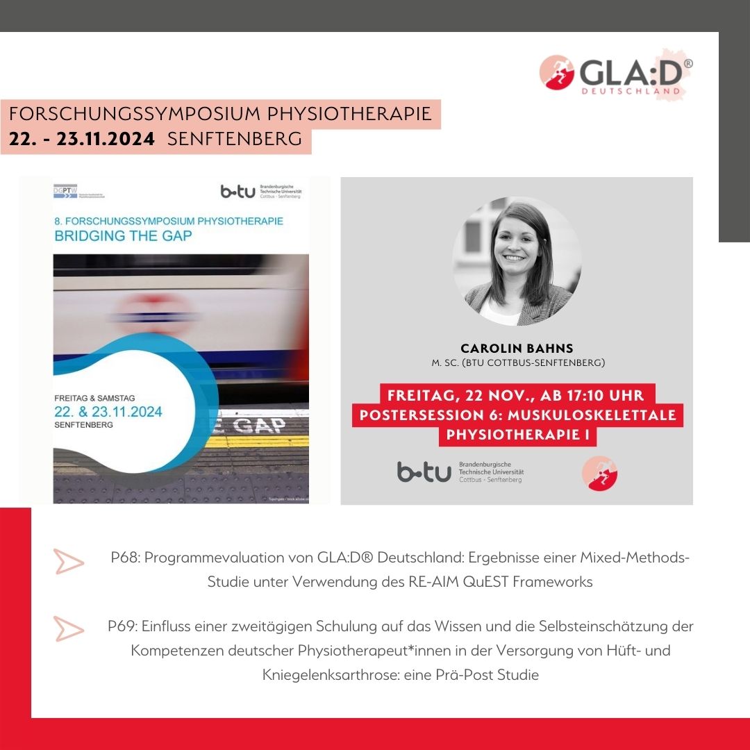 Ende der Woche findet das 8. Forschungssymposium Physiotherapie an der BTU Cottbus-Senftenberg statt. Unser Team präsentiert zwei Poster zum GLA:D® Projekt. Wir freuen uns auf Austausch und neue Perspektiven für die Zukunft der Physiotherapie!💡#Forschung #fspt #dgptw #glad