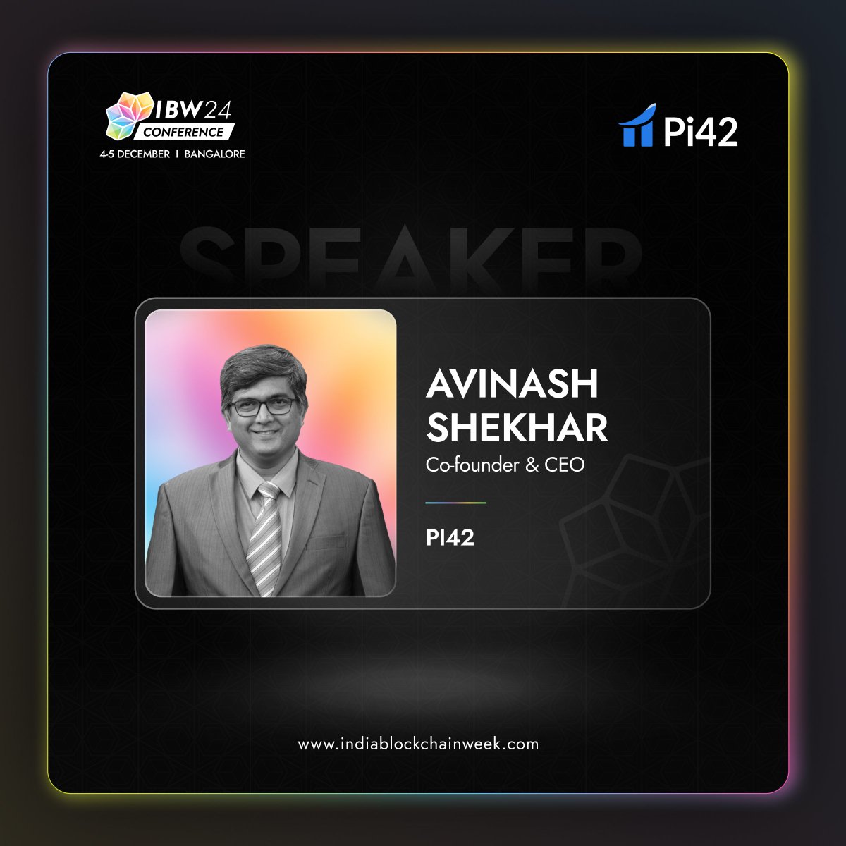 We are excited to announce that <a href="/avinash_shekhar/">Avinash Shekhar @Pi42.com</a>, Co-founder of <a href="/Pi42Exchange/">Pi42</a>, will be a speaker at the #IBW2024 Conference.  🪷

A Chartered Accountant with 26 years in finance, Avinash has played pivotal roles in Zebpay, Airtel, and more, shaping India’s crypto futures market.
