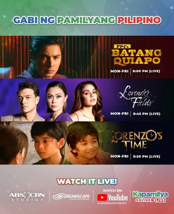 ONLINE GUIDE: Lahat ng hanap mo, nandito sa Gabi ng Pinoy, ang Primetime Bida sa Kapamilya Online Live!

8:00PM - FPJ's Batang Quiapo
8:45PM - Lavender Fields
9:30PM - Lorenzo's Time

Tutukan gabi-gabi sa Kapamilya Online Live sa Youtube at Facebook.