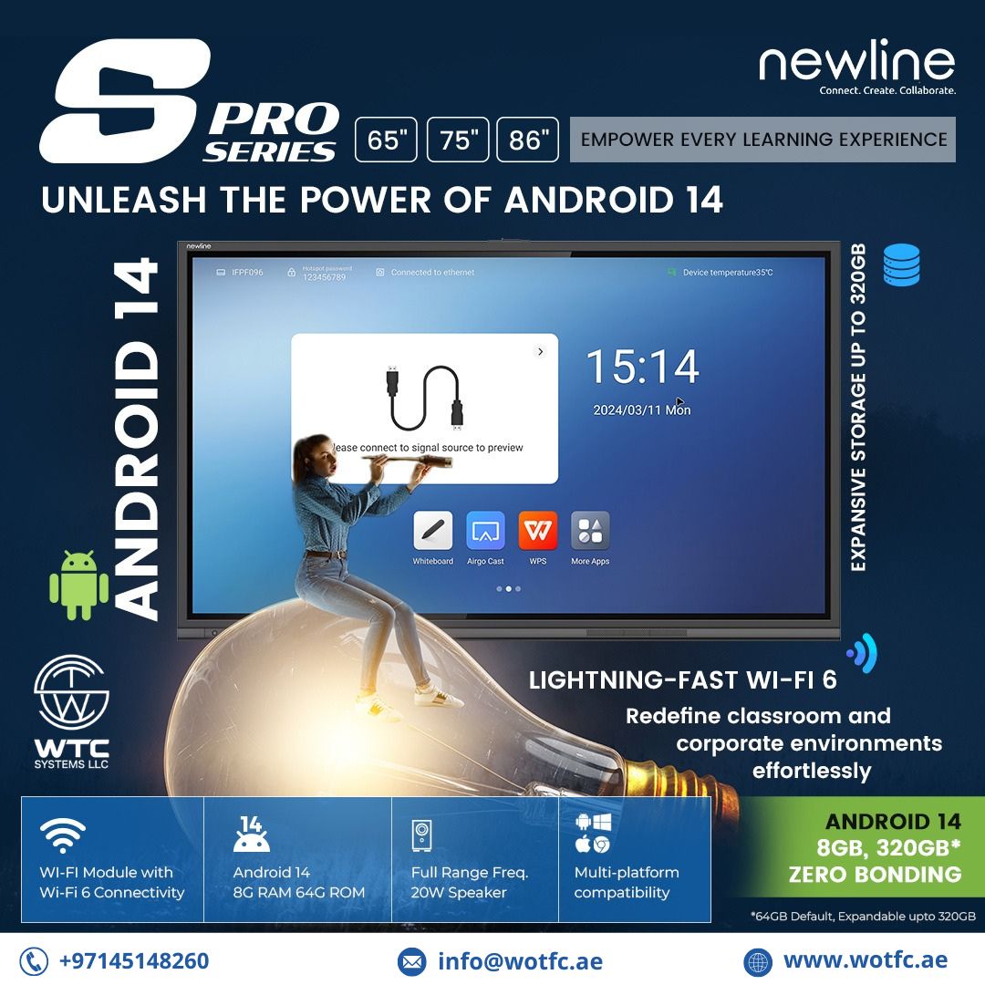 WTC_SYSTEMS_LLC's tweet image. NEWLINE SPRO SERIES
S Pro Unleash the Power of Android 14  
Empower every learning experience with the all New S Pro

Call Us: +97145148260
Mail Id: info@wotfc.ae
wotfc.ae

#WOTFC #WTC #WTCSystem #SPro #Android14 #ExpandableStorage #ClassroomTech #CorporateSolution