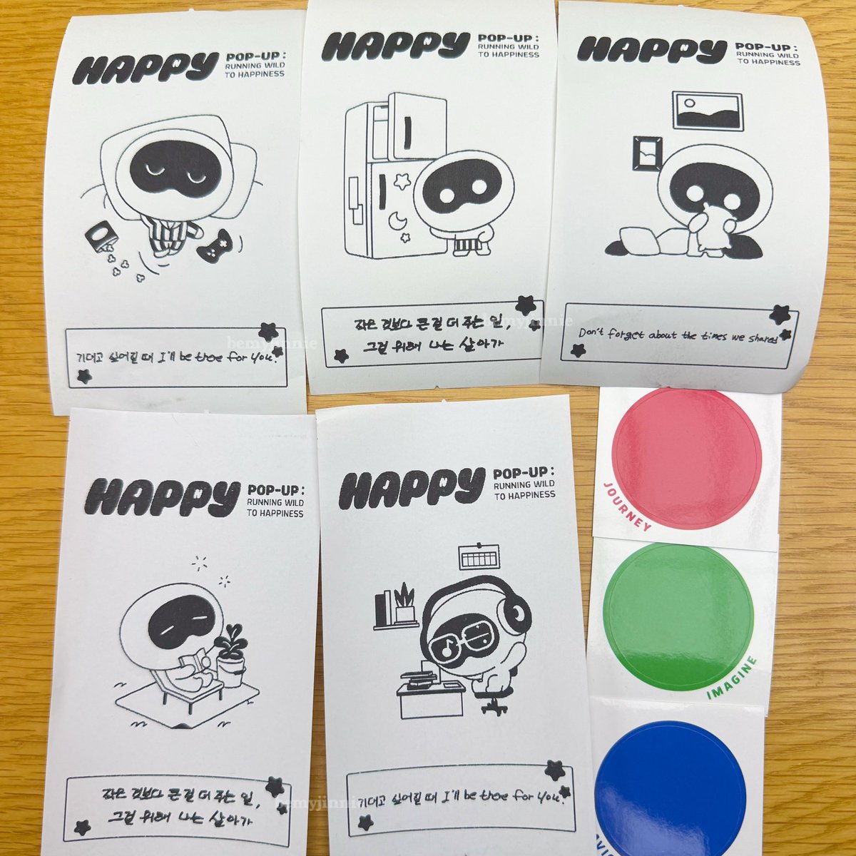 there is a wall in jin's happy pop up store  "take your happiness with you" where we could print these slips with wootteo drawings and jin's messages. and for the different concepts, we could take stickers to write messages! (but i was out of time i need 7 hours in there)
