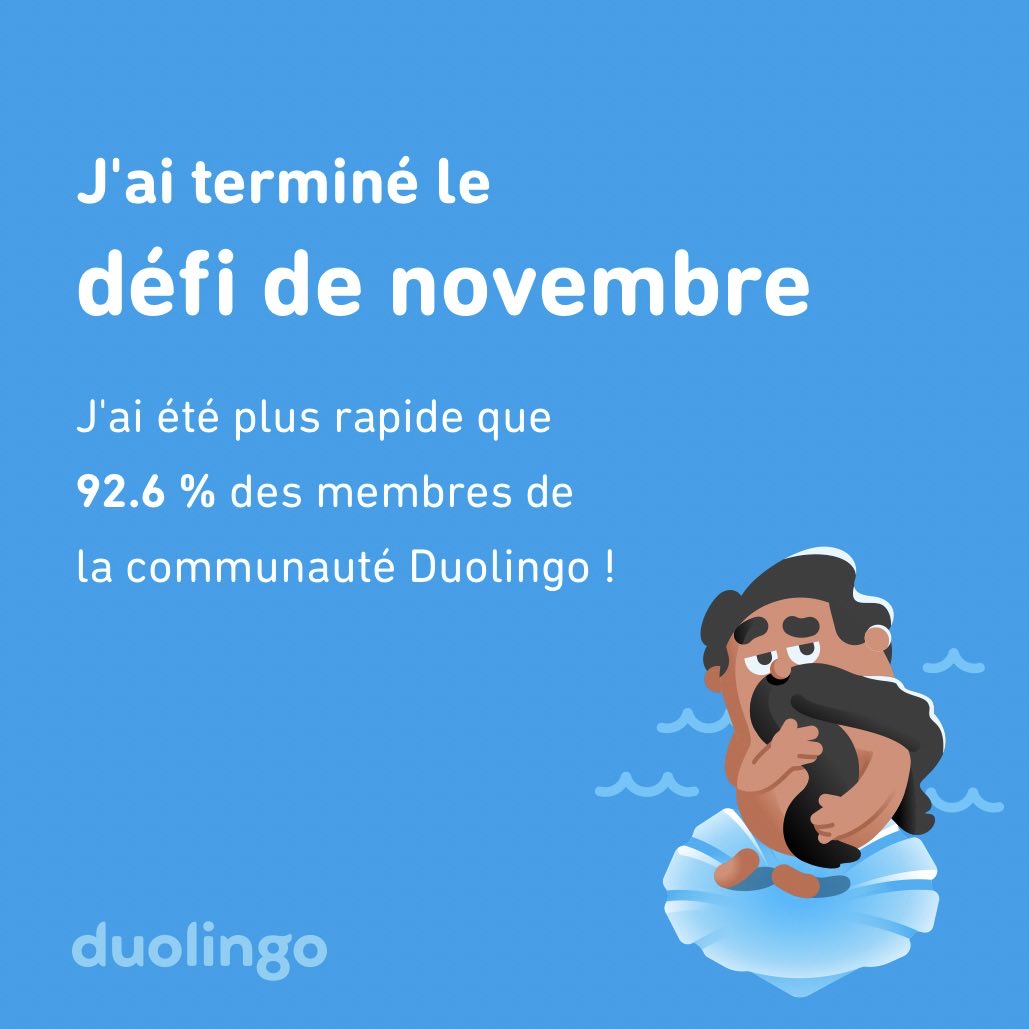 J'ai terminé le défi de novembre plus vite que 92.6 % des membres de la communauté Duolingo !