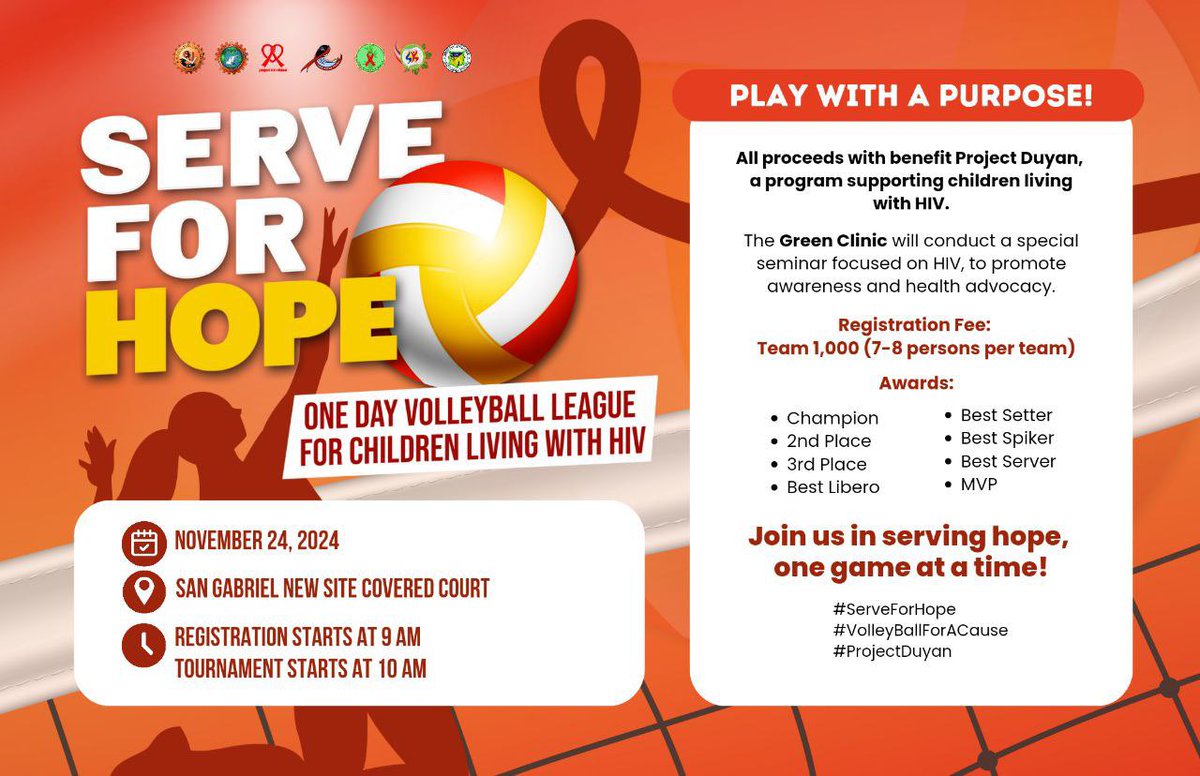 ProjectDuyan's tweet photo. ONE DAY VOLLEYBALL LEAGUE FOR A CAUSE

Sama-sama tayong maglaro at magtulungan upang magbigay ng suporta para sa mga batang may HIV. Bawat serve, set, at spike ay pag-asa ang maihahatid sa kanila, kaya tara na!

Serve for hope! 
Serve with purpose! https://t.co/AYoRVv92tC