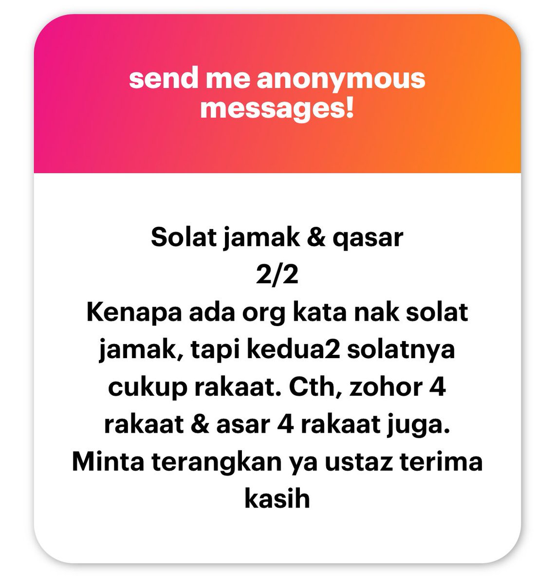 mnasrullah00's tweet photo. Isu Solat Jamak &amp; Qasar

1. Perlu bezakan antara jamak dan qasar, walaupun ada situasi yang dibolehkan kedua-duanya namun praktisnya boleh berbeza mengikut keadaan.

Ini adalah bebenang… 🧵 https://t.co/fT5QAmeiUK