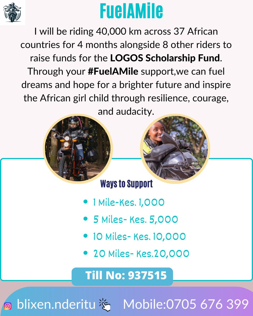 Meet the audacious woman😎; one of the two ladies who will be riding around Africa. She believes in inspiring the girl child to reach for the stars. She recently did a ride in Ladakh, India and is excited to kick off #AroundAfricaOnMotorcycle

 #FuelAMile
#50ForALifeTime
#22Days