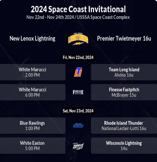 Nov 22-24 2024
Space Coast Invitational Schedule: 
<a href="/tagupSoftball/">tagup</a>