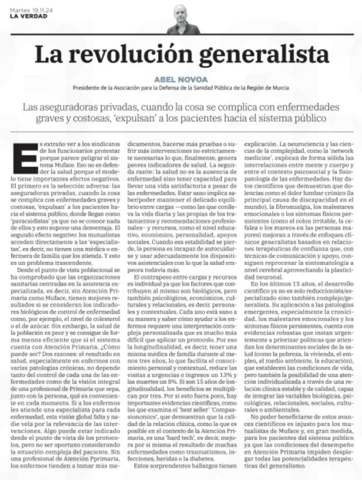 AbelNovoa's tweet photo. Hoy amablemente me publica @laverdad_es este artículo "La revolución generalista". A propósito de lo injusto que es que los mutualistas de Muface no tengan acceso a una médica o enfermera de atención primaria... pero, mucho más https://t.co/hQi0wS7PFV