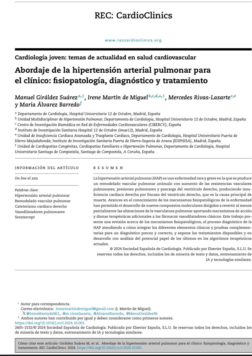 JóvenesSEC (@jovenessec) on Twitter photo 🚨El tercer capítulo del número especial de #reccardioclinics nos trae una interesantísima revisión🫀🩺
“Abordaje de la hipertensión arterial pulmonar para el clínico: fisiopatología, diagnóstico y tratamiento” <a href="/ManuGiraldez96/">Manuel Giráldez </a> <a href="/m_rivaslasarte/">Mercedes Rivas-Lasarte</a> @AlvarezBarredo <a href="/IreneMartndeMi1/">Irene Martín de Miguel</a>
⬇️ 🚨El tercer capítulo del número especial de #reccardioclinics nos trae una interesantísima revisión🫀🩺
“Abordaje de la hipertensión arterial pulmonar para el clínico: fisiopatología, diagnóstico y tratamiento” <a href="/ManuGiraldez96/">Manuel Giráldez </a> <a href="/m_rivaslasarte/">Mercedes Rivas-Lasarte</a> @AlvarezBarredo <a href="/IreneMartndeMi1/">Irene Martín de Miguel</a>
⬇️