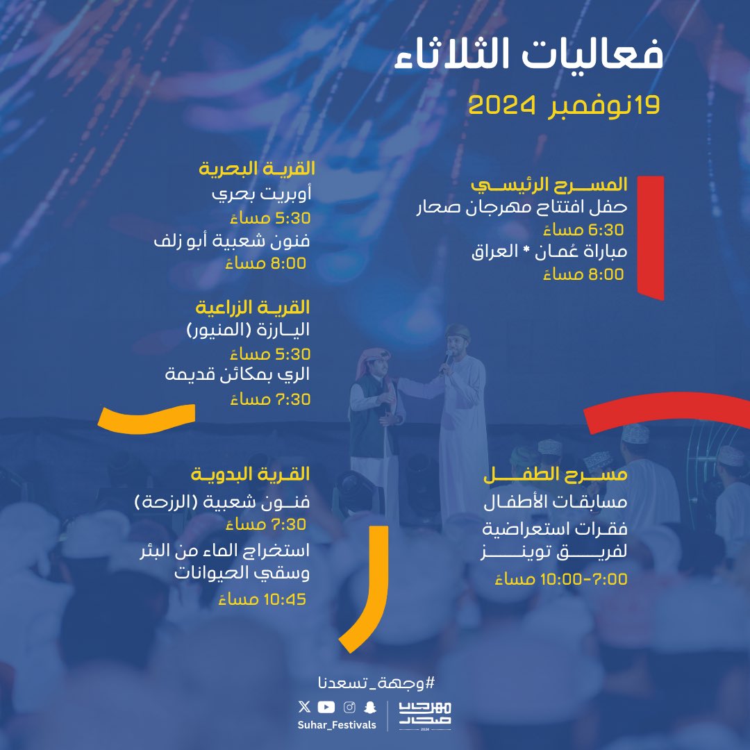 جاهزين نعيش أحلى الأجواء؟ لا تفوتوا افتتاح #مهرجان_صحار وكونوا معنا على الموعد، خلونا نشوفكم 👏

#مهرجان_صحار🎡 
#وجهة_تسعدنا
