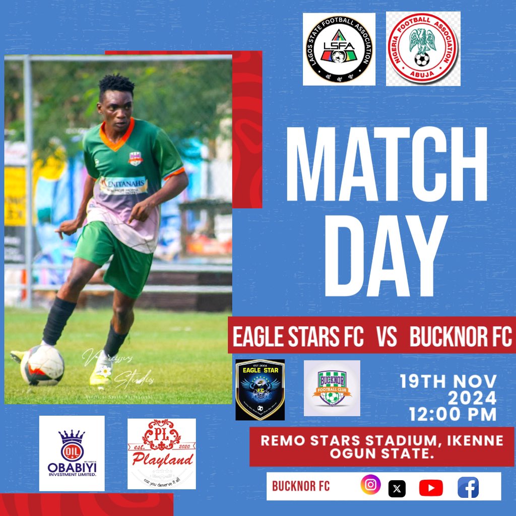 BUCKNOR FOOTBALL CLUB (@bucknorfc) on Twitter photo We Return to action in the <a href="/n_ylcup/">Nigeria Youth League Cup</a> Wk 8 Away to @eagletzutd
🏟️ Ikene Remo
⏰ 12pm We Return to action in the <a href="/n_ylcup/">Nigeria Youth League Cup</a> Wk 8 Away to @eagletzutd
🏟️ Ikene Remo
⏰ 12pm