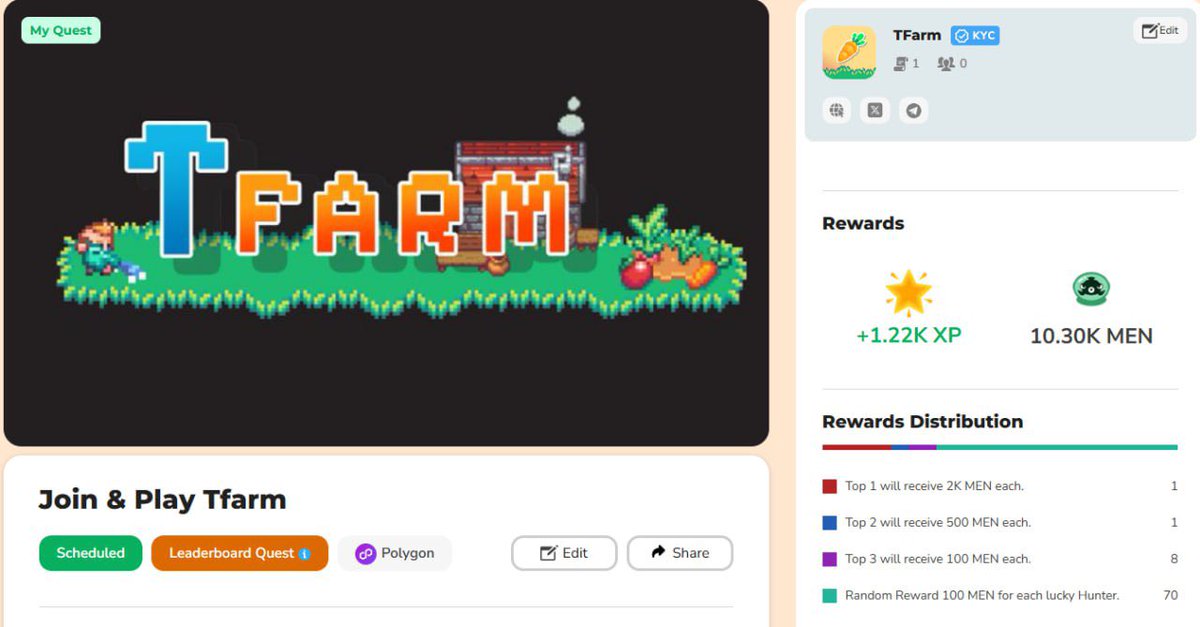 Tfarmio's tweet image. Big Airdrop Anoucement 🎉🎉
Tfarm x @MetaHubFinance 
Metahub is Tfarm&apos;s important strategic partner in community development, we are pleased to announce this great event.
Prize Pool : $1000 🎁

Top 1 will receive 2K MEN each.
Top 2 will receive 500 MEN each.
Top 3 -  will receive…