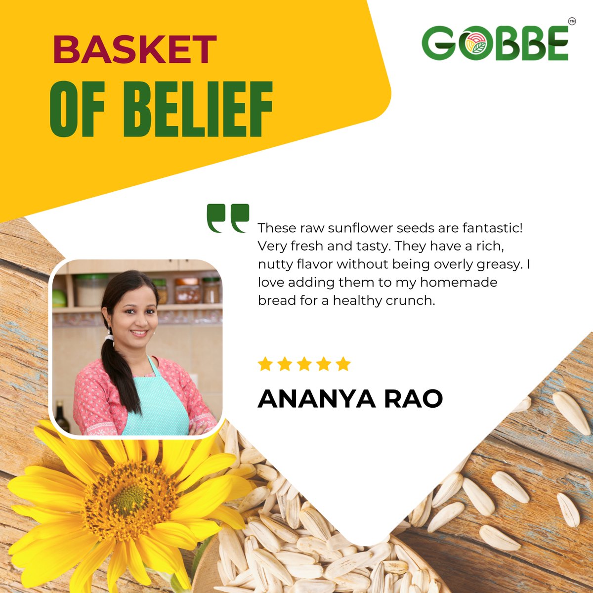 GobbeIndia's tweet photo. Gobbe’s sunflower seeds offer a satisfying balance of flavor and nutrition. Whether consumed on their own or added to dishes for a boost, Gobbe’s sunflower seeds stand out for their freshness and consistency.

#gobbe #sunflowerseeds #testimonial #clientreview https://t.co/QiP3tYE7kV