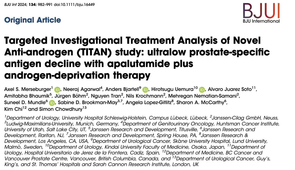 Axel S. Merseburger (@amerseburger) on Twitter photo Just in 👉 <a href="/BJUIjournal/">BJU International</a> in this post hoc analysis of TITAN we show, that patients with the deepest PSA decline derived the greatest benefit in #mHSPC #ProstateCancer
Link: bjui-journals.onlinelibrary.wiley.com/doi/epdf/10.11…
<a href="/urotoday/">UroToday.com</a> <a href="/OncoAlert/">OncoAlert</a> <a href="/Uroweb/">European Association of Urology (EAU)</a> Just in 👉 <a href="/BJUIjournal/">BJU International</a> in this post hoc analysis of TITAN we show, that patients with the deepest PSA decline derived the greatest benefit in #mHSPC #ProstateCancer
Link: bjui-journals.onlinelibrary.wiley.com/doi/epdf/10.11…
<a href="/urotoday/">UroToday.com</a> <a href="/OncoAlert/">OncoAlert</a> <a href="/Uroweb/">European Association of Urology (EAU)</a>