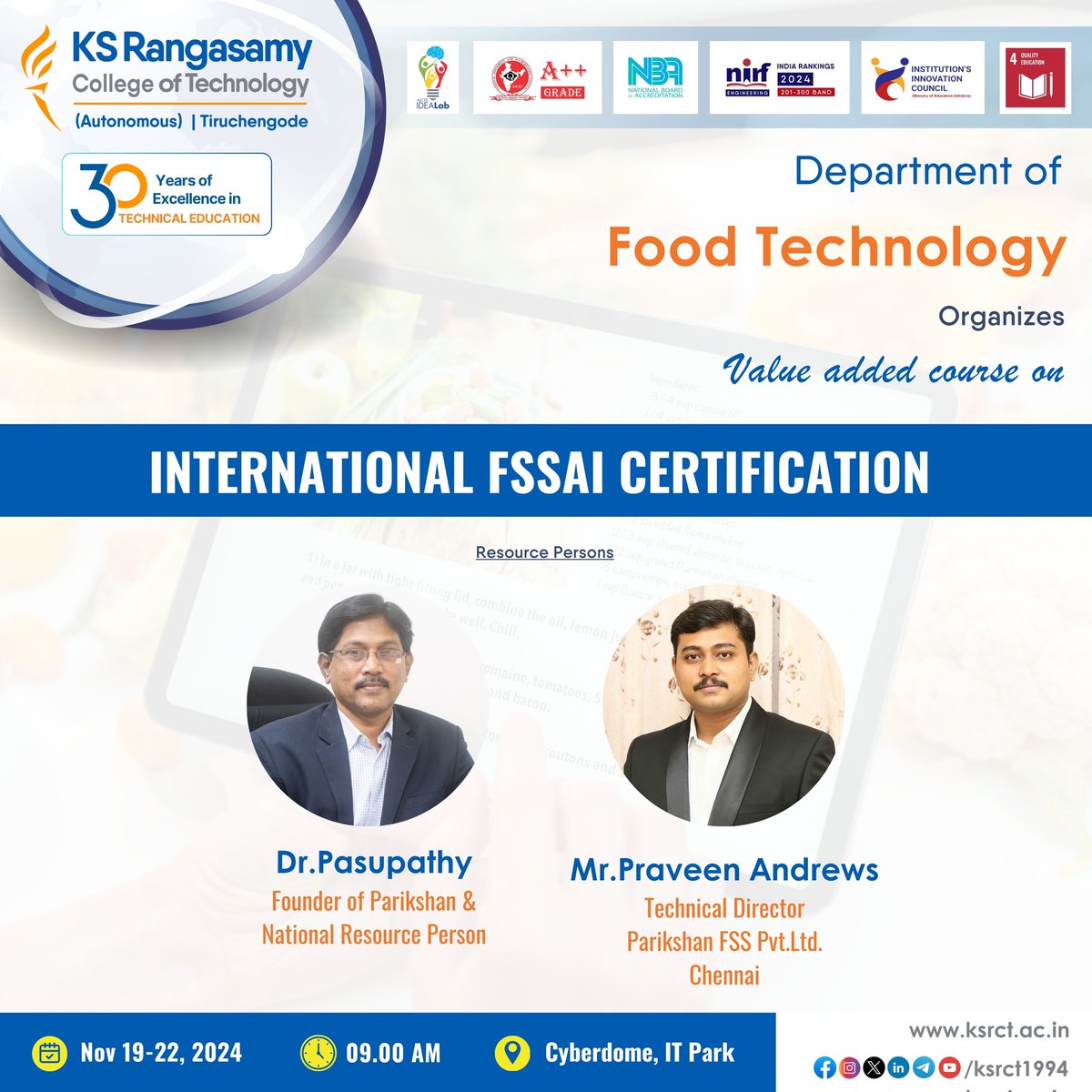 ksrct1994's tweet photo. Department of #FoodTechnology at #ksrct1994 is hosting a #FoSTaC "Food Safety Training and Certification" training program in collaboration with #Parikshaan from November 19-22, 2024 @ Cyberdome, IT Park

#FoodSafety #KSRCT #FoodTechnology #TrainingForChange #Foodadulteration https://t.co/8JDqusGV2J