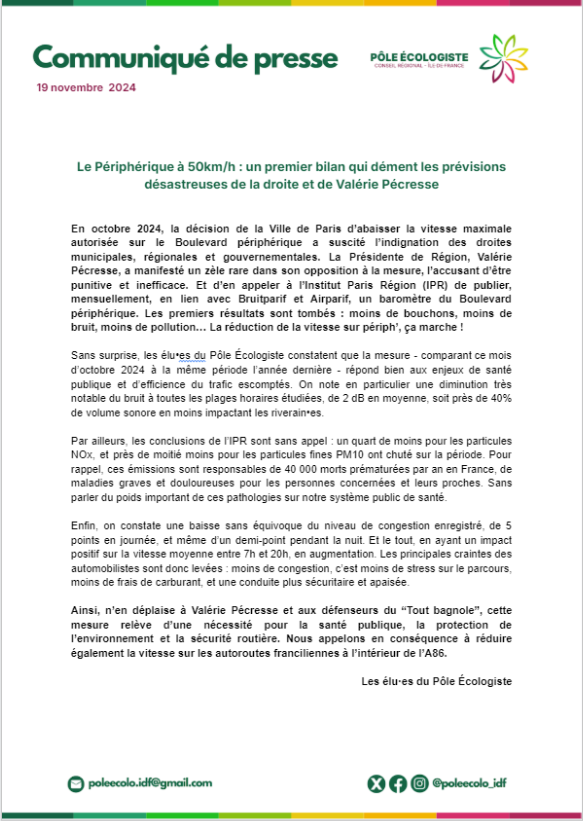 PoleEcolo_IDF's tweet photo. Hier @linstitutPR publiait un 1er bilan des impacts du passage à 50 km/h sur le #périphérique parisien.
Résultats sans appel qui démentent les prévisions catastrophistes de @vpecresse et la droite francilienne : moins de pollution de l'air, moins de bruit et fluidité du trafic ! https://t.co/dboGEXvNjX