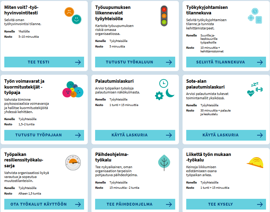 Mielenterveyden työkalupakista löytyy maksuttomia työkaluja mielenterveyden edistämiseen kaikille työpaikoille 💙

Tänään julkaistiin uusi työkalu psykososiaalisten voimavarojen vahvistamiseen ja kuormitustekijöiden hallintaan! 👇

<a href="/tyoterveys/">Työterveyslaitos</a> #mielenterveysviikko