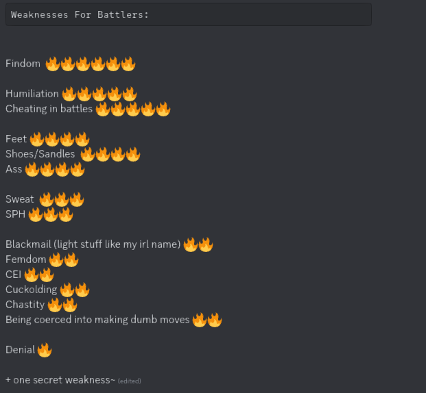 Zir1_Ther4py's tweet image. Here are my weaknesses for battlers~