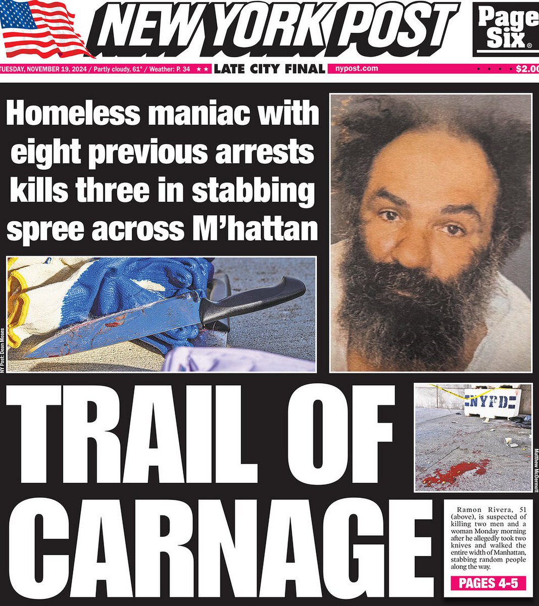 ๐ต๐๐๐๐ ๐ฟ๐๐๐๐ ๐๐๐๐๐ข ๐ฐ (@ukpapers) on Twitter photo ๐บ๐ธ Trail Of Carnage
โซHomeless maniac with eight previous arrests kills three in stabbing spree across M'hattan
โซ<a href="/joemarino_/">Joe Marino</a> <a href="/Words_by_Woods/">Amanda Woods</a> <a href="/JackMorphet/">Jack Morphet</a> <a href="/ByMattTroutman/">Matt Troutman</a> & Larry Celona
๐tinyurl.com/2yrtpju9๐
#frontpagestoday #USA <a href="/nypost/">New York Post</a> ๐บ๐ธ ๐บ๐ธ Trail Of Carnage
โซHomeless maniac with eight previous arrests kills three in stabbing spree across M'hattan
โซ<a href="/joemarino_/">Joe Marino</a> <a href="/Words_by_Woods/">Amanda Woods</a> <a href="/JackMorphet/">Jack Morphet</a> <a href="/ByMattTroutman/">Matt Troutman</a> & Larry Celona
๐tinyurl.com/2yrtpju9๐
#frontpagestoday #USA <a href="/nypost/">New York Post</a> ๐บ๐ธ