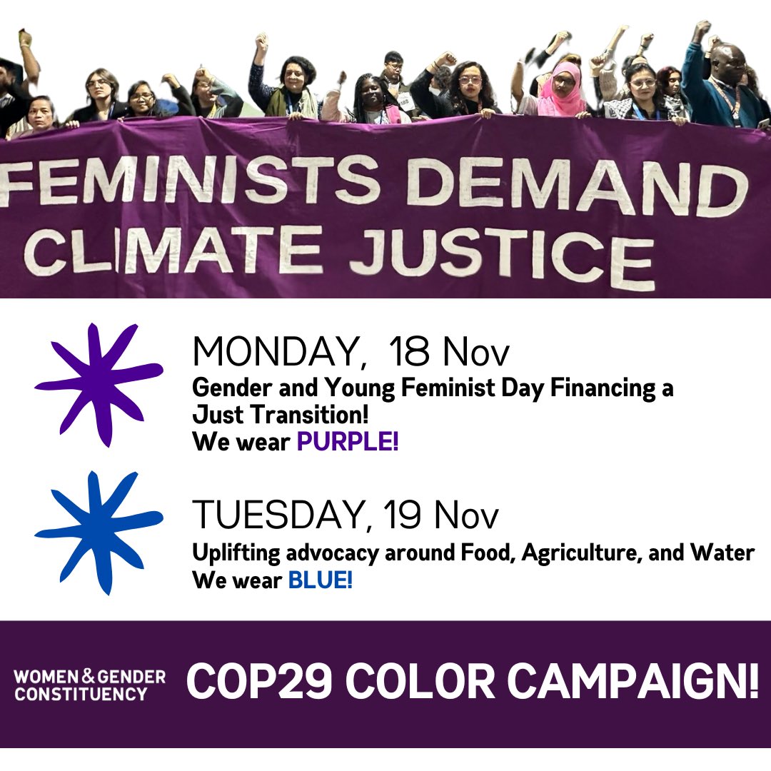 WGC_Climate's tweet photo. 💙WE WEAR BLUE FOR WATER, FOOD, &amp; AGRICULTURE!

We kicked off this week with day 3/4 of our color campaign, painting #COP29 PURPLE 4 gender justice! 

Today, wear BLUE to hold the line on water, agriculture &amp; food sovereignty! 🌏🌱💪🏽
#FeministClimateJustice #feministsholdtheline https://t.co/5y3wFMdseW
