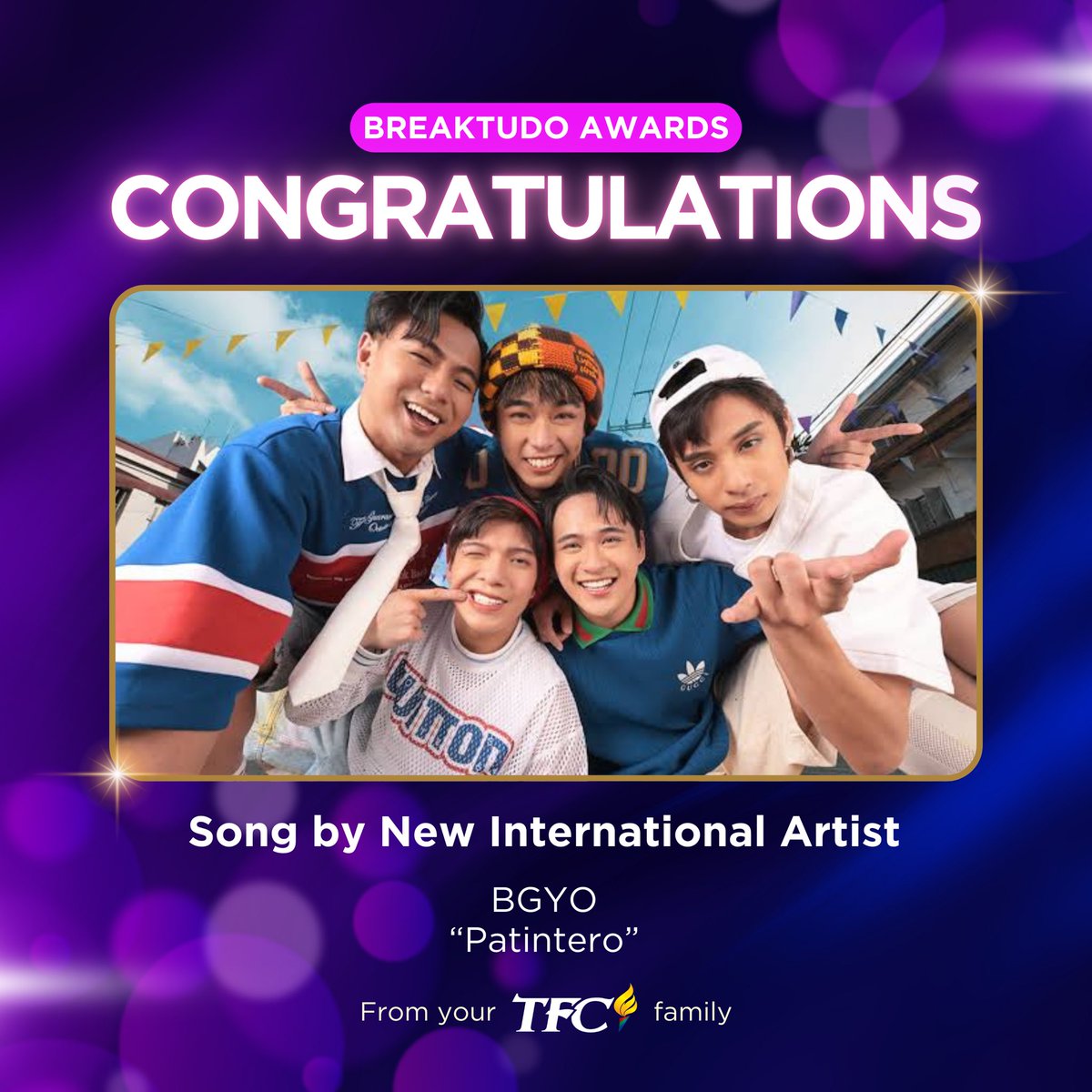 The Filipino Channel (@kapamilyatfc) on Twitter photo CONGRATULATIONS, BGYO 🔥
Our Best Boys <a href="/bgyo_ph/">BGYO_PH</a> win SONG BY NEW INTERNATIONAL ARTIST for “Patintero” at the 2024 BreakTudo Awards 💜 We are proud of you, Kapamilya!
#BGYO #BGYOph #BGYO_ph #Aces #BINI_Patintero #Patintero #BreakTudoAwards #BreakTudoAwards2024 #TheFilipinoChannel CONGRATULATIONS, BGYO 🔥
Our Best Boys <a href="/bgyo_ph/">BGYO_PH</a> win SONG BY NEW INTERNATIONAL ARTIST for “Patintero” at the 2024 BreakTudo Awards 💜 We are proud of you, Kapamilya!
#BGYO #BGYOph #BGYO_ph #Aces #BINI_Patintero #Patintero #BreakTudoAwards #BreakTudoAwards2024 #TheFilipinoChannel