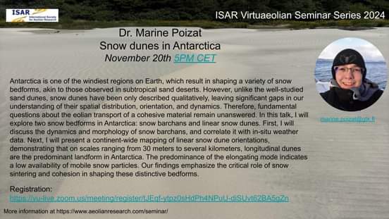 poizatma's tweet image. If you want to know more about snow dunes in Antarctica, feel free to join tomorrow on zoom 5PM CET! More information and the upcoming talks here aeolianresearch.com/seminar/
