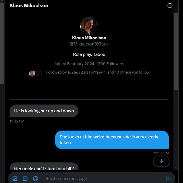 This was my first ever time interacting with them and start trying to rp incest with Morgan. Then they go on to say that no one would have to know if they did anything when Morgan is SHIPPED! The @ is @//Mikaelson8Klaus BLOCK THEM AS THEY DON'T RESPECT BOUNDARIES