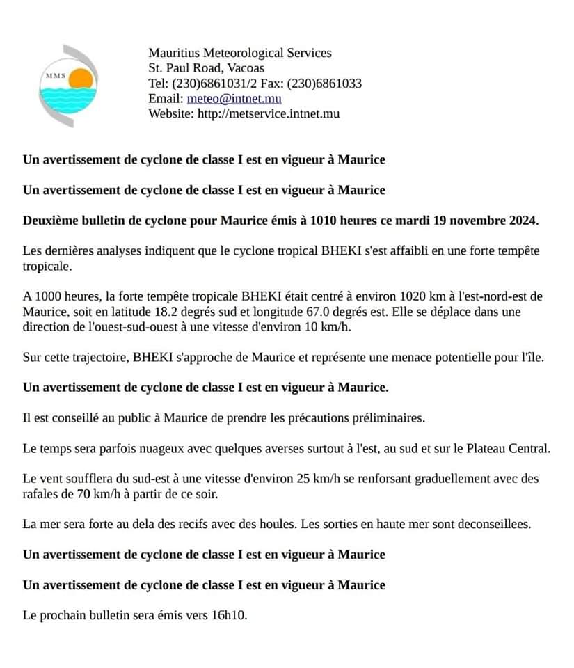 Le cyclone Bheki s'est affaibli en forte tempête tropicale : l'alerte 1 maintenue à Maurice, Rodrigues reste en alerte de classe 2