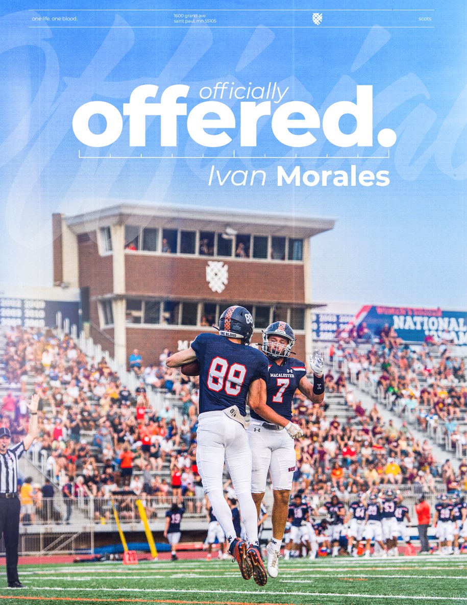 Ivan Morales (@ivanmoraxles) on Twitter photo After a great conversation with <a href="/Phil_Nicolaides/">Phil Nicolaides</a> I have officially received an offer to play football and further my education at <a href="/Macalester/">Macalester College</a>! After a great conversation with <a href="/Phil_Nicolaides/">Phil Nicolaides</a> I have officially received an offer to play football and further my education at <a href="/Macalester/">Macalester College</a>!