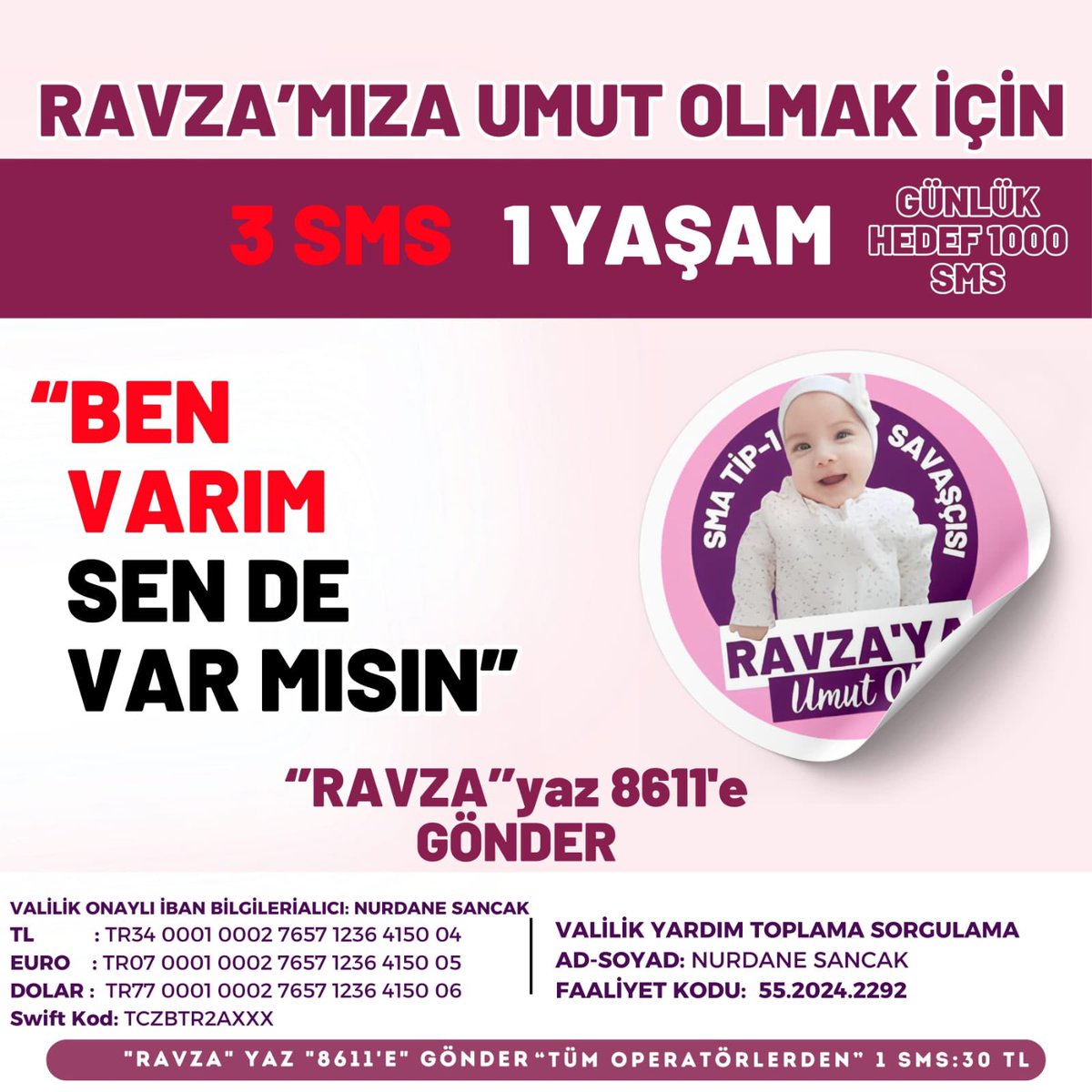 Biz büyük bir aileyiz,
Samsunlu minik kızımız Amine Ravza’da bu ailenin en kıymetli üyelerinden birisi..❤️

SMA Tip 1 hastalığı ile mücadele eden minik kızımız için tüm Samsun birlik oluyoruz..
Bu mücadeleyi kazanacak inanıyoruz..

💬 RAVZA yazıp 8611’e mesaj atarak (30₺) destek