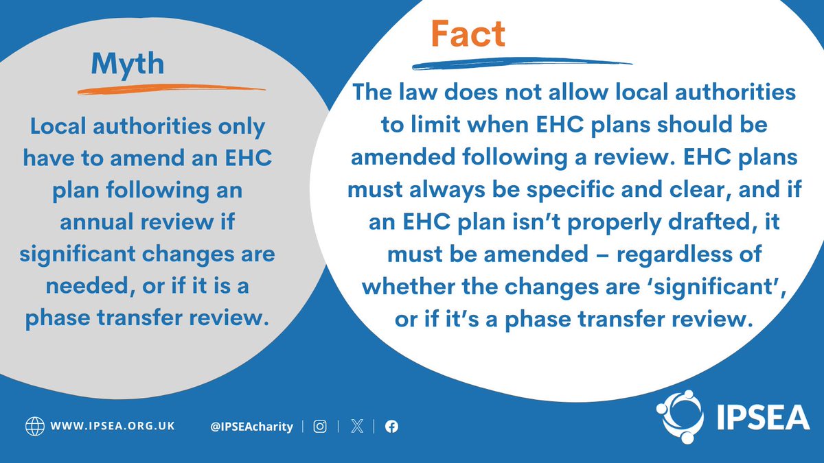 🧵 We’ve recently identified some local authorities incorrectly stating that EHC plans can only be amended after an annual review if ‘significant’ changes are needed or following a phase transfer review. This is not correct. 

1/3