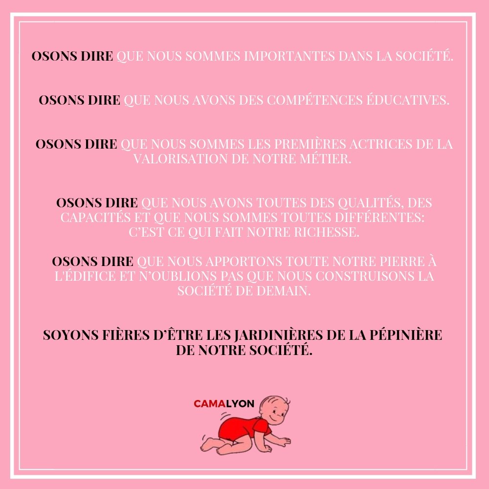 Camalyon3's tweet photo. Chaque année, le 19 novembre est une date spéciale : c'est la Journée Nationale des Assistantes Maternelles.

Osons dire les choses, haut et fort.

Soyons fières d'être les jardinières de la pépinière de notre société.

#journeedesassistantesmaternelles #Camalyon #assmatlyon https://t.co/F0vGiLVXLz