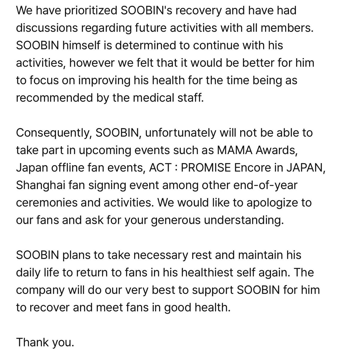 [NOTICE] TOMORROW X TOGETHER SOOBIN’s Schedule Notice

“We would like to provide you with some information regarding TOMORROW X TOGETHER member SOOBIN's future activities.

SOOBIN recently exhibited signs of being unwell and visited the hospital for medical attention. The medical