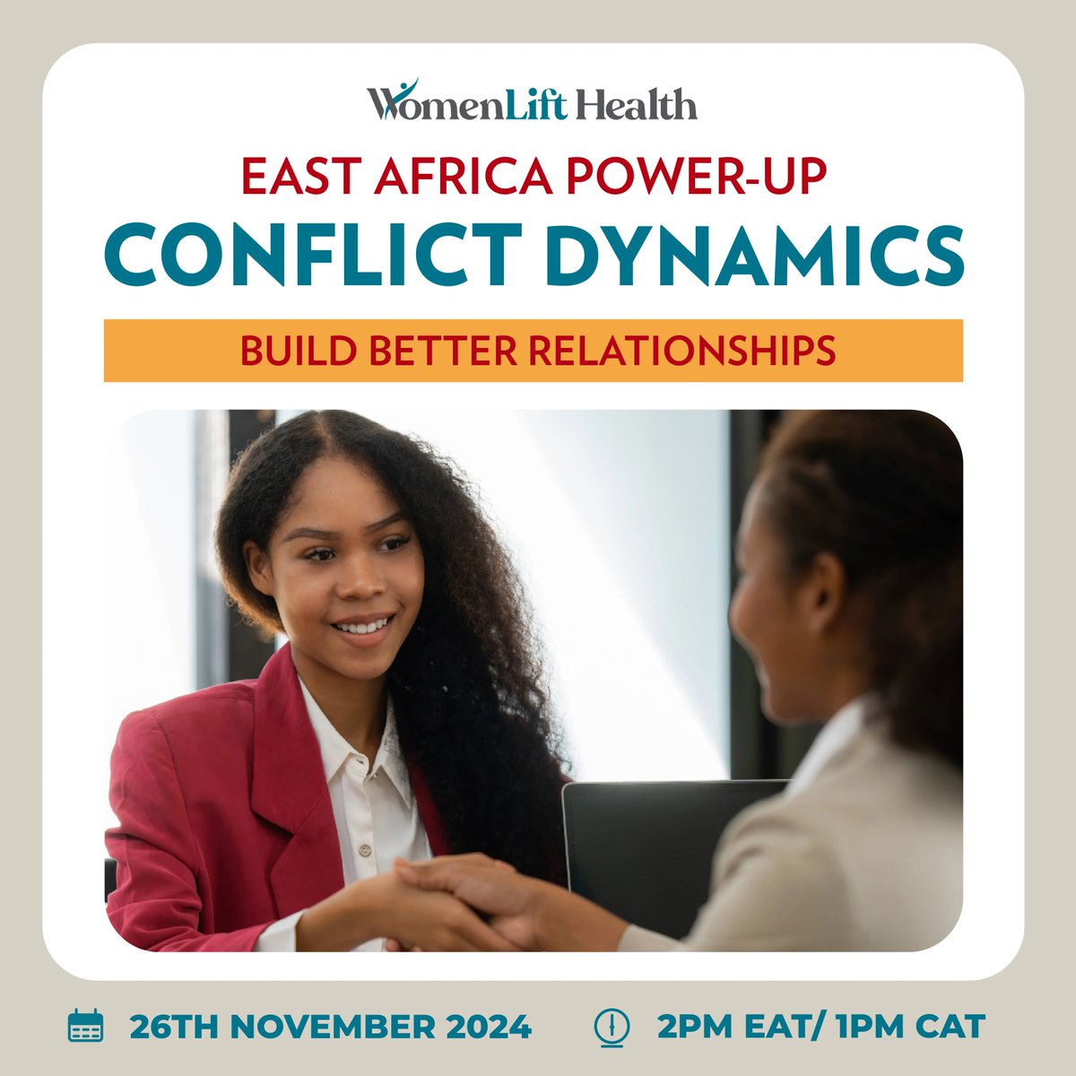 Conflict can be draining, but it can also rebuild relationships and spur innovation. Join our power-up session on November 26, 2024 at 2pm EAT | 1pm CAT and build skills that make conflicts constructive. 

Register Here: womenlifthealth.org/event/conflict…