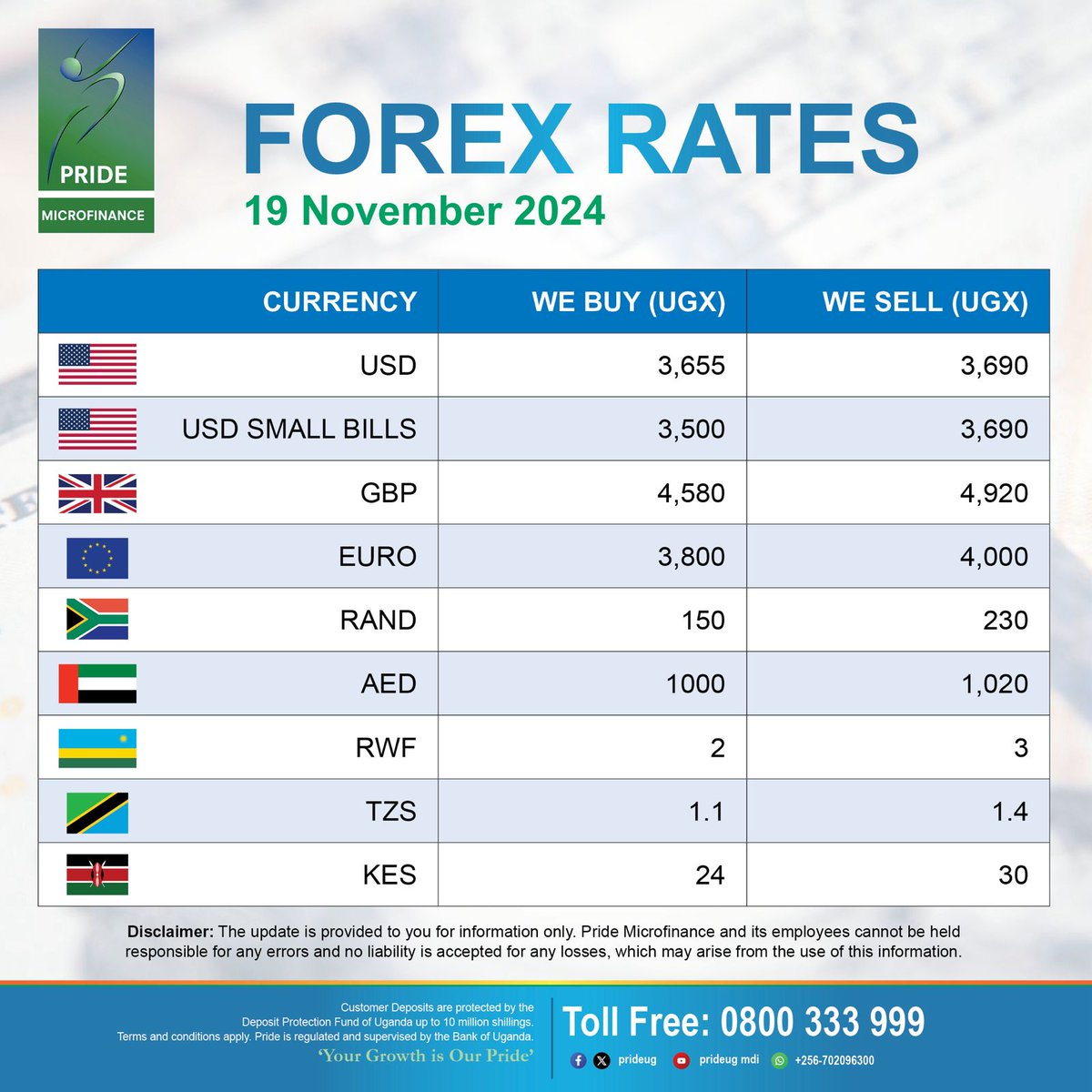 Check out our competitive rates for USD, GBP, EURO, and more! Visit our  website https://t.co/2hS8Wq6dE3 for more information. #Pridemicrofinance  #Forexrates