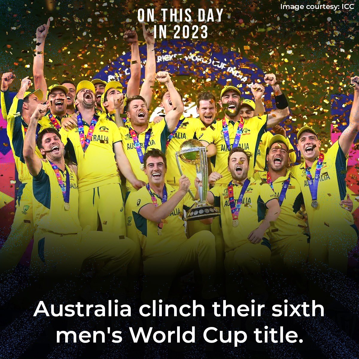 100MasterBlastr's tweet image. On this day in 2023, Australia won their sixth Men's World Cup title after they beat a dominant India side that hadn't lost a game all tournament, by six wickets in front of over 90,000 spectators in the final in Ahmedabad.

#INSvAUS #ICC #CWC2023 #CWC