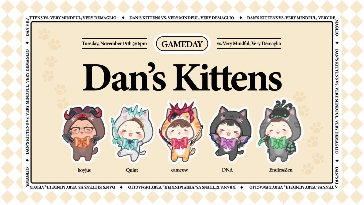 TIER 3 RIOT RUMBLE FINALS ⚔️
11/19 @ 6pm
Dan's Kittens vs. VMVD

can I get a meow? 😼🐾
twitch.tv/teamrumble