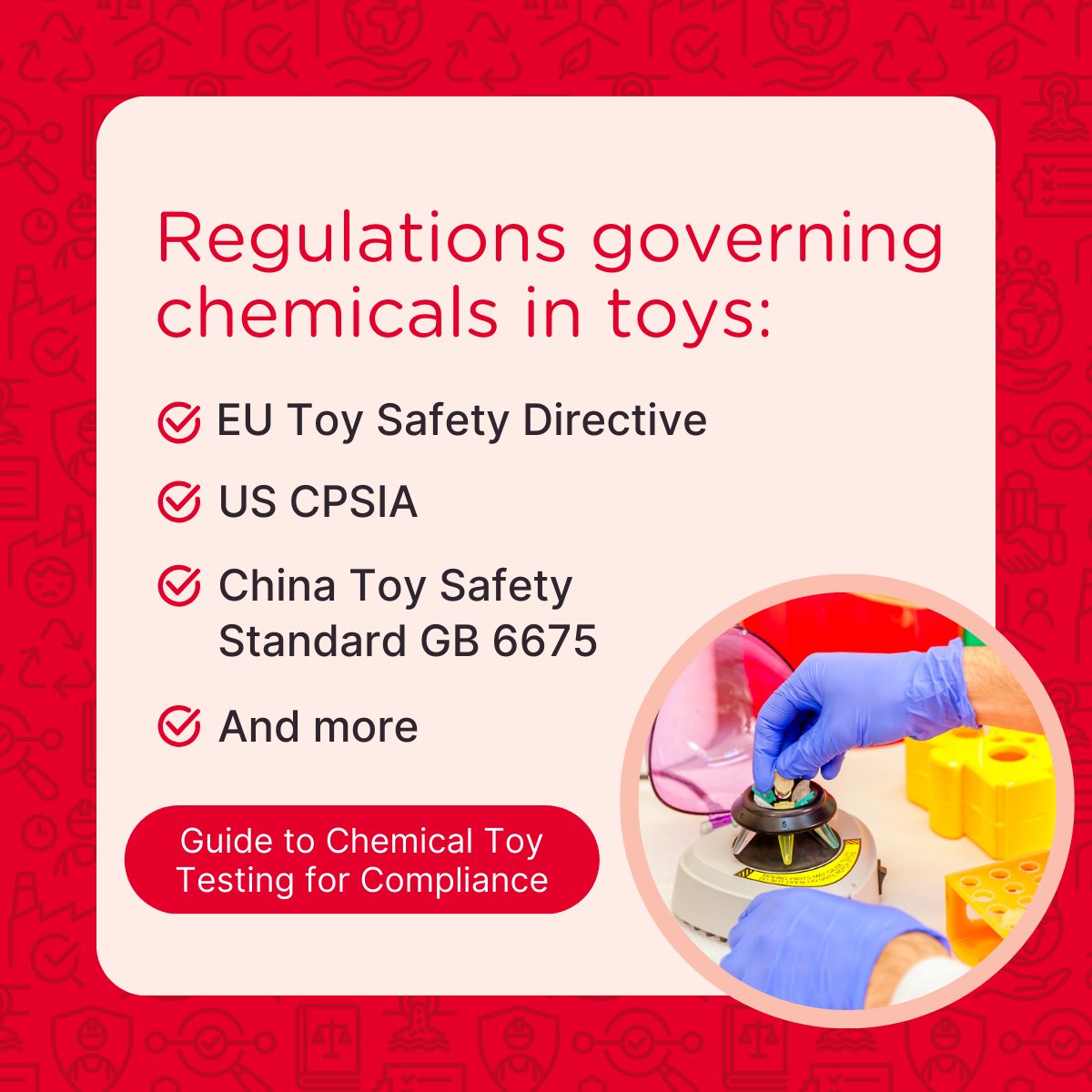 How confident are you in your toy chemical testing protocols? 

Our latest resource highlights the essential chemicals to test for and the regulations that govern them. Boost your confidence by learning more!▶️ ow.ly/rVW350TzCRg
#ToyTesting #ToyTestingLab