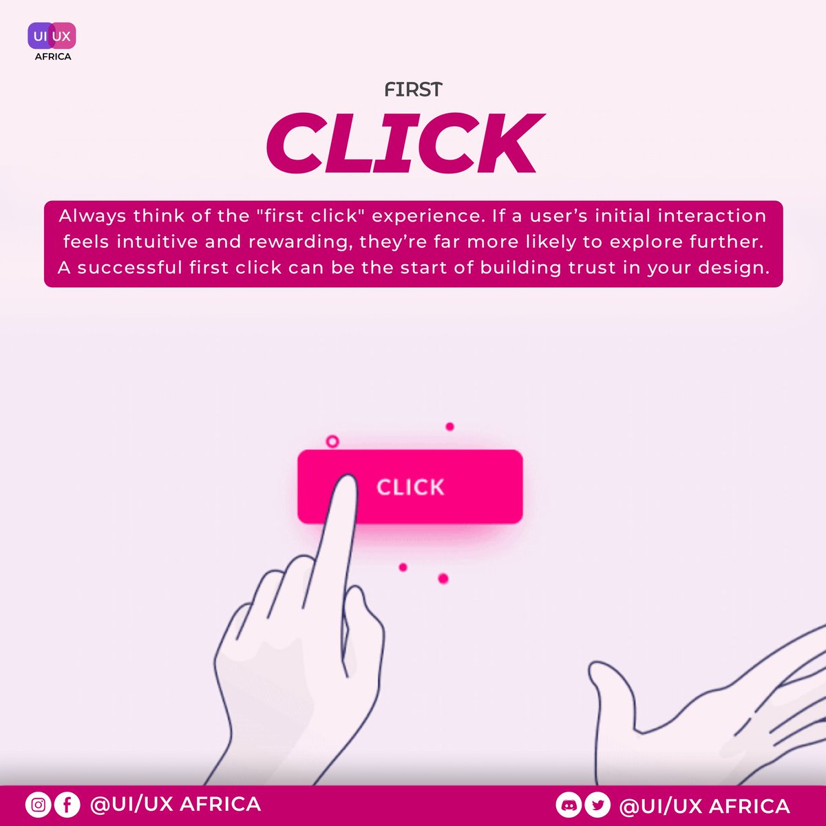 UIUX_Africa's tweet photo. First impressions matter in design. Make that initial interaction intuitive and seamless—it’s the first step to earning your user’s trust. 🌟

#UIUXDesign #FirstClick #DesignTips #UIUXAfrica https://t.co/KlwDSuUiPo
