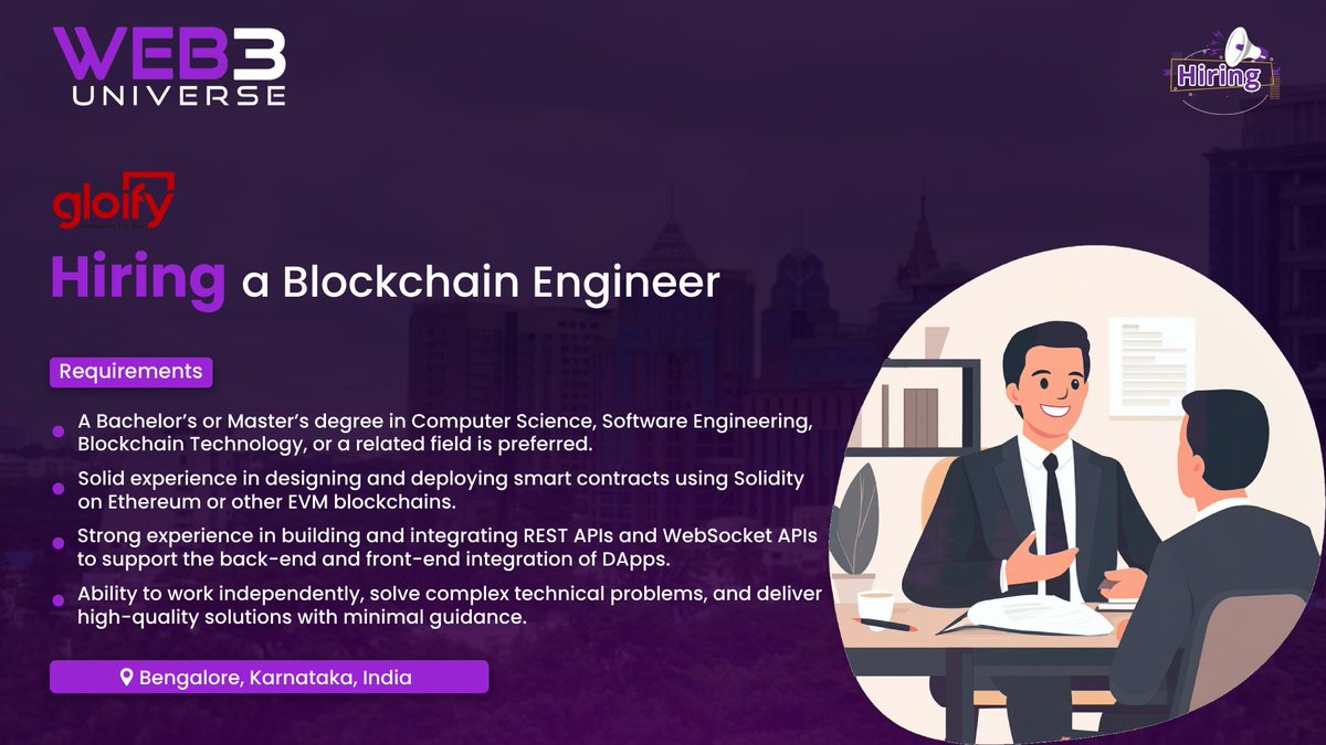 UniverseOfWeb3's tweet image. #Hiring!  

@gloify2 is looking for a skilled Blockchain Engineer to join the team!

Know more and apply here: tinyurl.com/2xe7tvnm

Go to the dashboard and click &quot;All Jobs&quot; to apply based on your profile!

#BlockchainEngineer #Hiring #JobOpportunity #TechJobs #Web3Universe