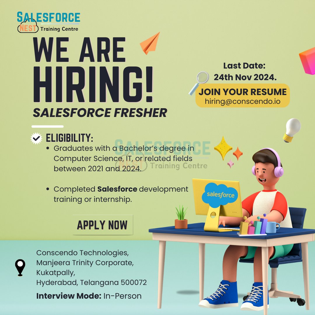 shivayadav2322's tweet image. A #Salesforce Fresher position placement drive is ongoing at Censcendo Company.  Last date to apply is 24th Nov 2024. Apply for this opportunity.
Wishing you all the best in advance!

We are providing job assistance through #SalesforceNest Training Centre. #career #Development
