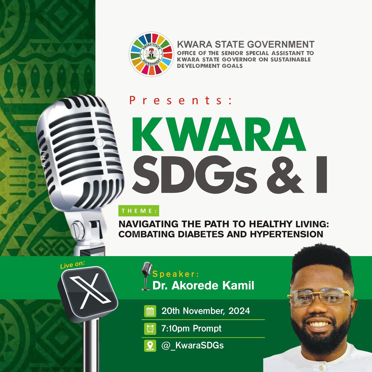_KwaraSDGs's tweet photo. Join us for the November edition of Kwara SDGs &amp; I, where we'll discuss strategies for combating diabetes and hypertension. Our esteemed guest speaker, Dr. Akorede Kamil, will share valuable insights and tips

Join us via: https://t.co/IPBeKJn1wh

Don’t miss this space 📌 https://t.co/Rsoy8o2aHn