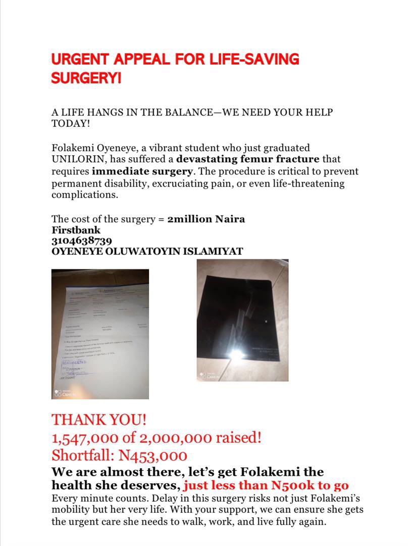 Adamthallith's tweet photo. NIGERIANS ARE THE BEST PEOPLE IN THE WORLD. 

When it comes to fundraising campaigns for people in need, I’ve never seen people turn up for each other like Nigerians do, this is one of many times we forget our tribe or religion and come together as one. 

Just yesterday evening, we were in need of ₦2m for our sister, and as at this morning, with your retweet, and donations, we’ve been able to ₦1,547,000 in less than 12hrs, leaving us with shortfall of ₦453,000. This morning, we’ve decided to go on 1k challenge and we trust everyone to join us. 

Dear Nigerians, your kindness brought us this far, and we’ll never take this for granted, can we meet our target today? Yes, we can and we trust you all to help us with it.  The acct numbers for donations still remain the same. 

FIRST BANK 
3104638739
OMOLARA OYENEYE ISLAMIYAT