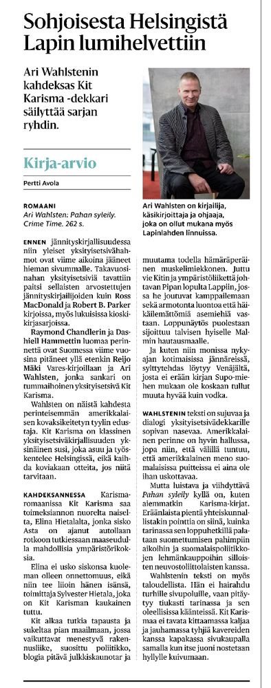 Dekkarien ystäville lukusuositus. Kotimaisten dekkaristien taso on niin kova, että harvoin enää tulee ulkomaisiin tartuttua. <a href="/AriWahlsten/">Ari Wahlsten</a> koko Kit Karisma -sarja on mainio.