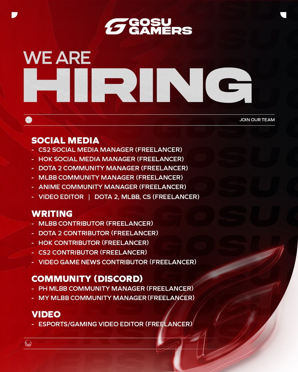 WE ARE HIRING! We are looking for passionate individuals who are interested in freelance opportunities with GosuGamers! 

𝗦𝗼𝗰𝗶𝗮𝗹 𝗠𝗲𝗱𝗶𝗮
CS2 Social Media Manager: lnkd.in/gvi9i6UG 
HoK Social Media Manager: lnkd.in/gGdMg_k7 
Social Media Video Editor: