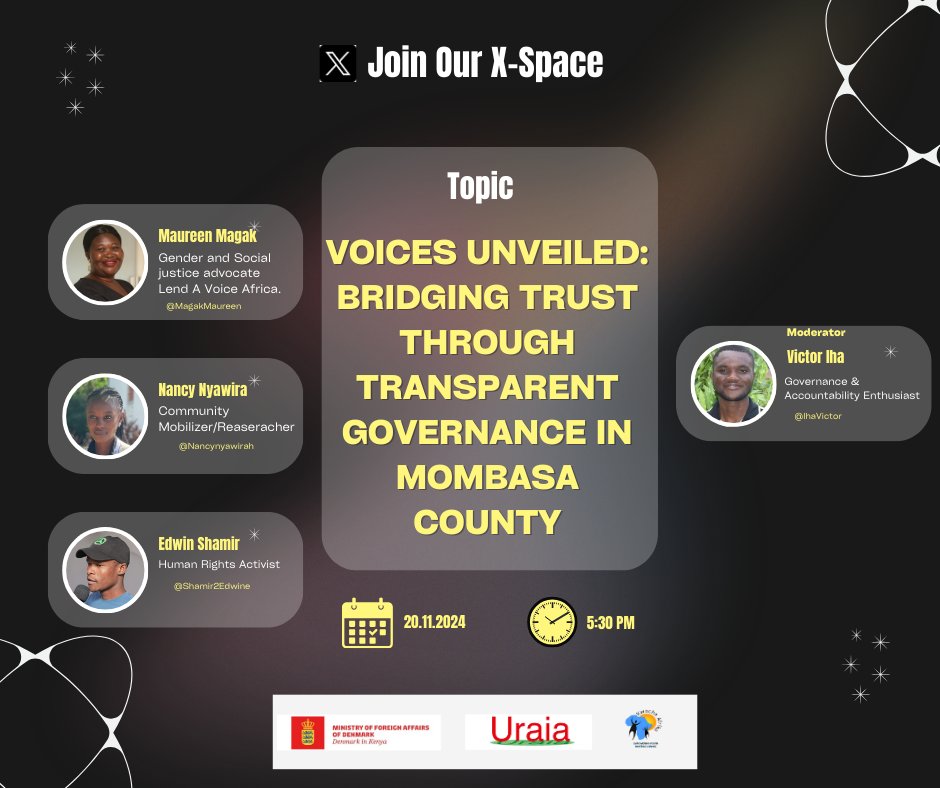 KwachaAfrika's tweet image. This coming Wednesday is all TRUST in governance processes in Mombasa County. Join @Shamir2Edwine @Nancynyawirah &amp;amp; @MagakMaureen under the guidance of @IhaVictor as they unpack this crucial topic. #OpenGovernance #TCIMombasa