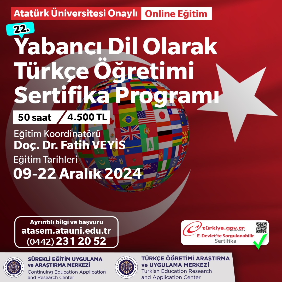 atauniv1957's tweet photo. ✨ Yabancı Dil Eğitimi Olarak Türkçe Öğretimi Sertifika Programı (online)
🗓 09 Aralık - 22 Aralık 2024
🕕 50 Saaat
📍 Çevrim İçi
@a_hacimuftuoglu #AtatürkÜniversitesi #KöklüÜniversite #Erzurum #Eğitim #Atasem https://t.co/EzlcpC1MzM