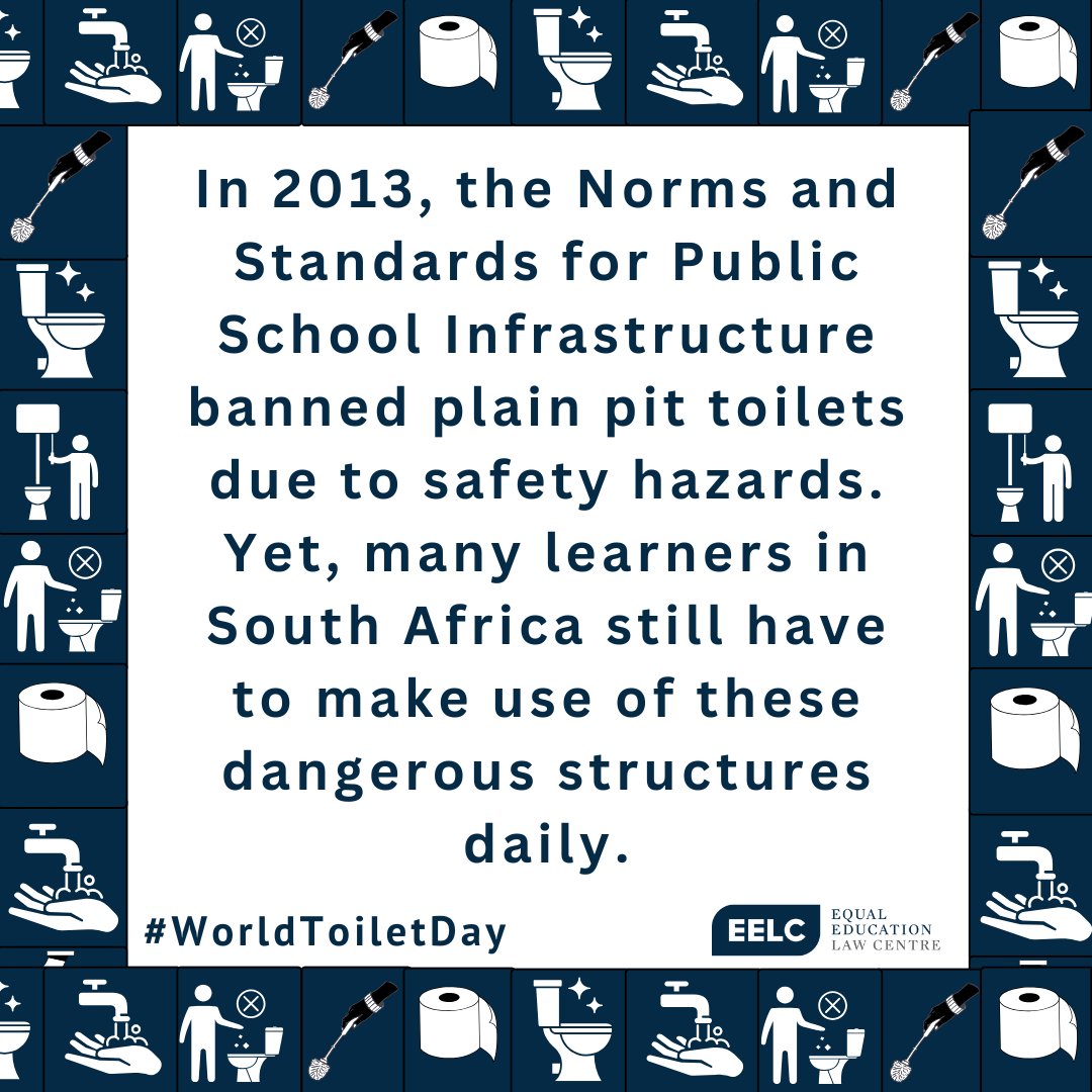 [#WorldToiletDay 🚽🧻] Thirty years into democracy, many learners still face unsafe school conditions daily. On this #WorldToiletDay, the Equal Education Law Centre demands the complete eradication of pit latrine toilets in all schools! ❌