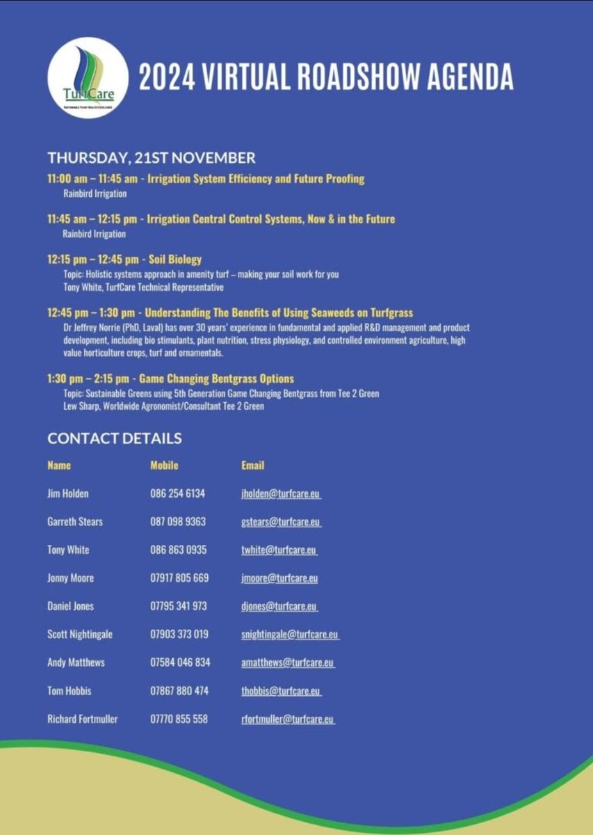 Our virtual roadshow starts today, and it’s not too late to register!

turfcare.eu/turfcare-virtu…

Can't make it, but have an important question to ask one of the industry leading experts? Just contact one of us listed on the agenda 👍🙏