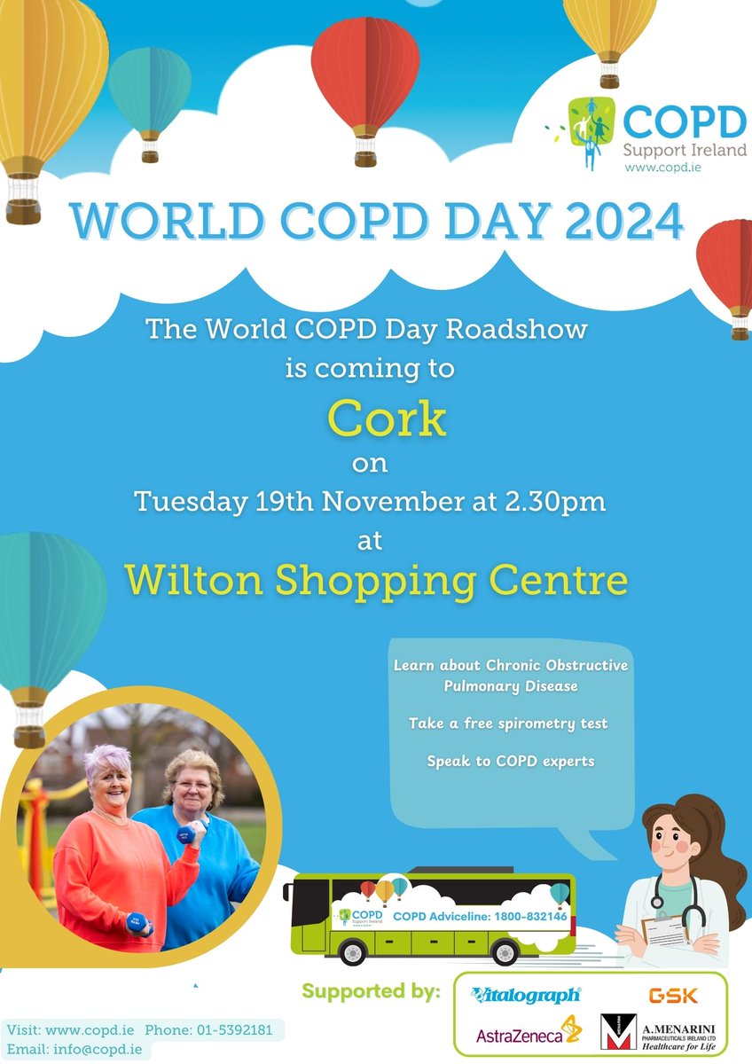 COPD Support Ireland (@copdsupportire) on Twitter photo Next two stops today on our World COPD Day Roadshow:
Limerick from 09:30 to 11:30 at the <a href="/Crescent_SC/">Crescent Shopping Centre</a>
Cork from 2:30 to 4:30 at the <a href="/WiltonShoppingC/">Wilton Shopping C</a>
Looking forward to meeting you! Next two stops today on our World COPD Day Roadshow:
Limerick from 09:30 to 11:30 at the <a href="/Crescent_SC/">Crescent Shopping Centre</a>
Cork from 2:30 to 4:30 at the <a href="/WiltonShoppingC/">Wilton Shopping C</a>
Looking forward to meeting you!