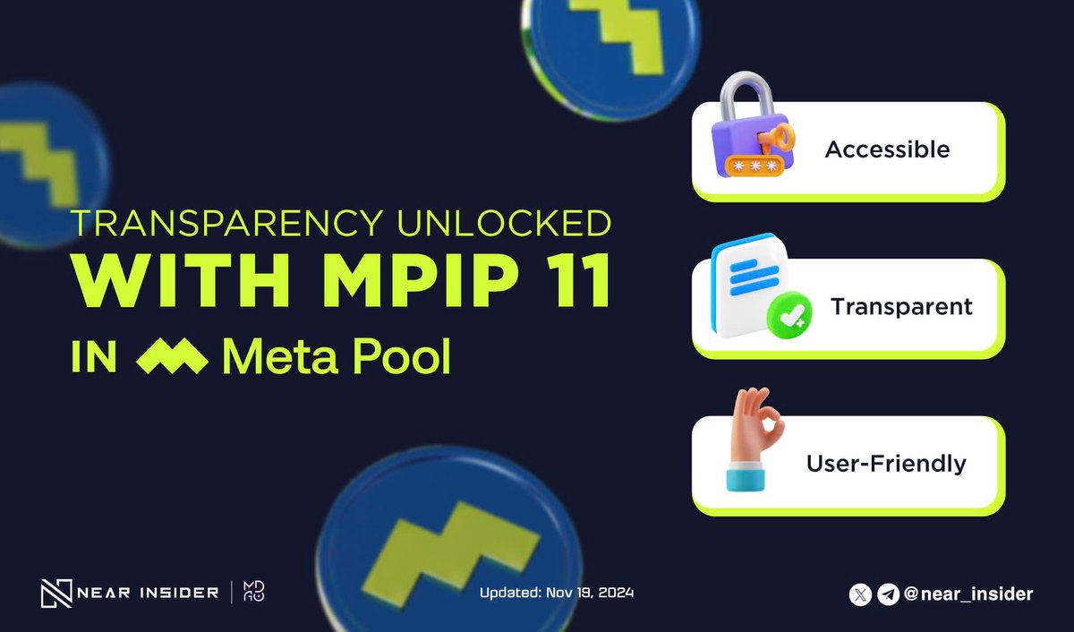 near_insider's tweet photo. 🧐 What’s New on @meta_pool?

Big news you can’t miss: Meta Pool has unlocked a new level of transparency with #mpIP 11 🤩

Governance on Meta Pool is now more accessible than ever. Thanks to the relentless dedication of the team, this new transparency feature lets users easily track who’s voting, how key proposals are decided, and so much more 🚀🔥

With countless advantages and exciting features, there’s plenty to explore. Dive in now 🔗https://t.co/9ed3q8iHGk

#NEAR $NEAR #NEARIstheBOS #AI